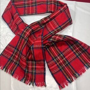 Vintage Red Tartan plaid wool long fringe Scarf green blue yellow classic USA OS